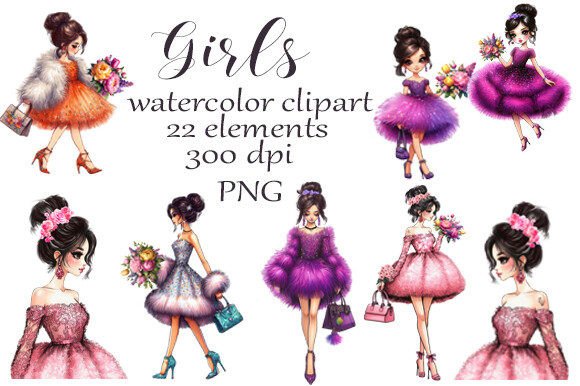 Elevate Your Designs with Elegant Watercolor Clipart of Girls in Dresses